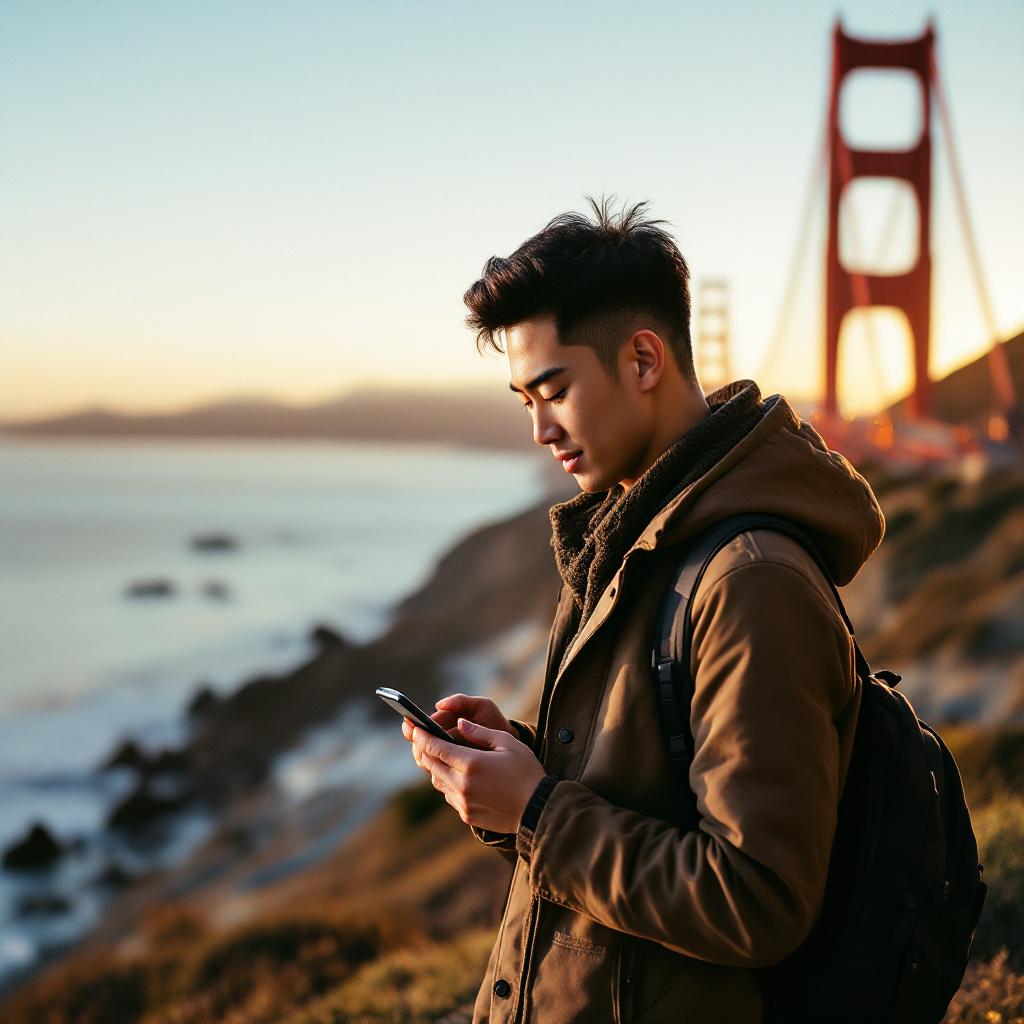 Solo traveler checking eSIM on phone amid Golden Gate Bridge at golden hour, warm orange tones, San Francisco fog in background, candid moment with shallow depth of field