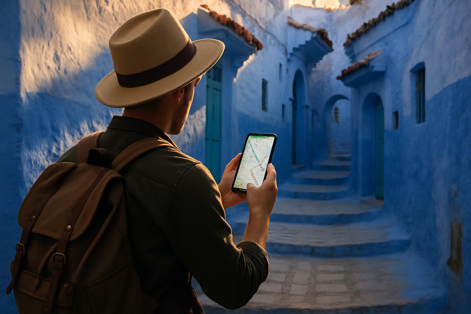A traveler holding a smartphone with a map open while standing in a blue-washed alley in Chefchaouen, Morocco, warm morning light, photorealistic